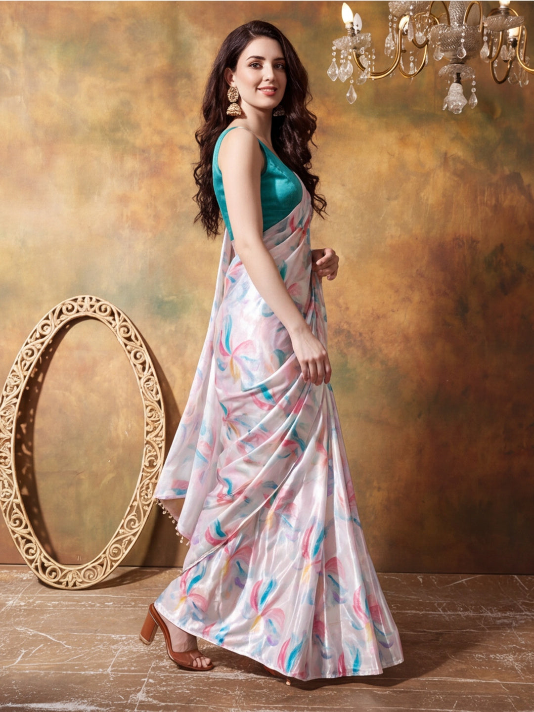 Trending Printed Chinon Ready To Wear Saree With Unstitched Blouse