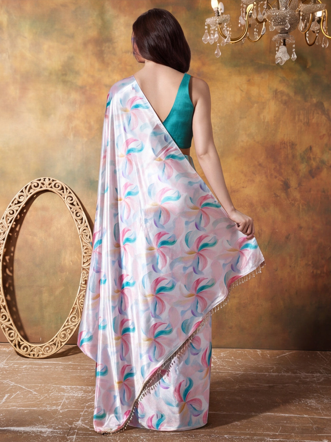 Trending Printed Chinon Ready To Wear Saree With Unstitched Blouse
