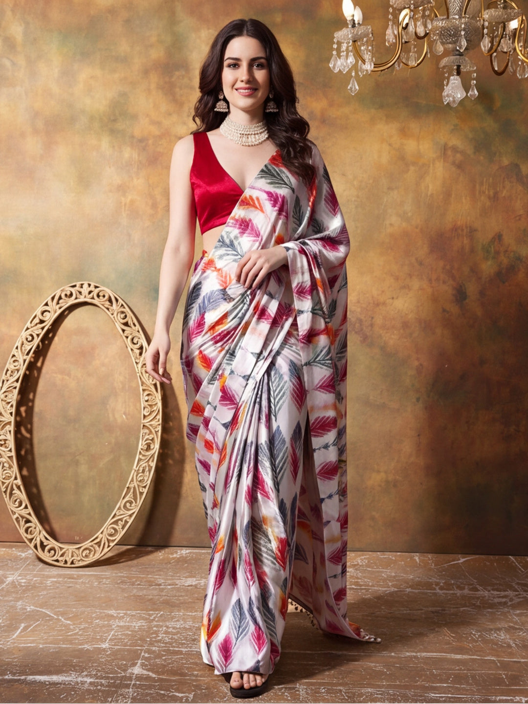 Trending Printed Chinon Ready To Wear Saree With Unstitched Blouse