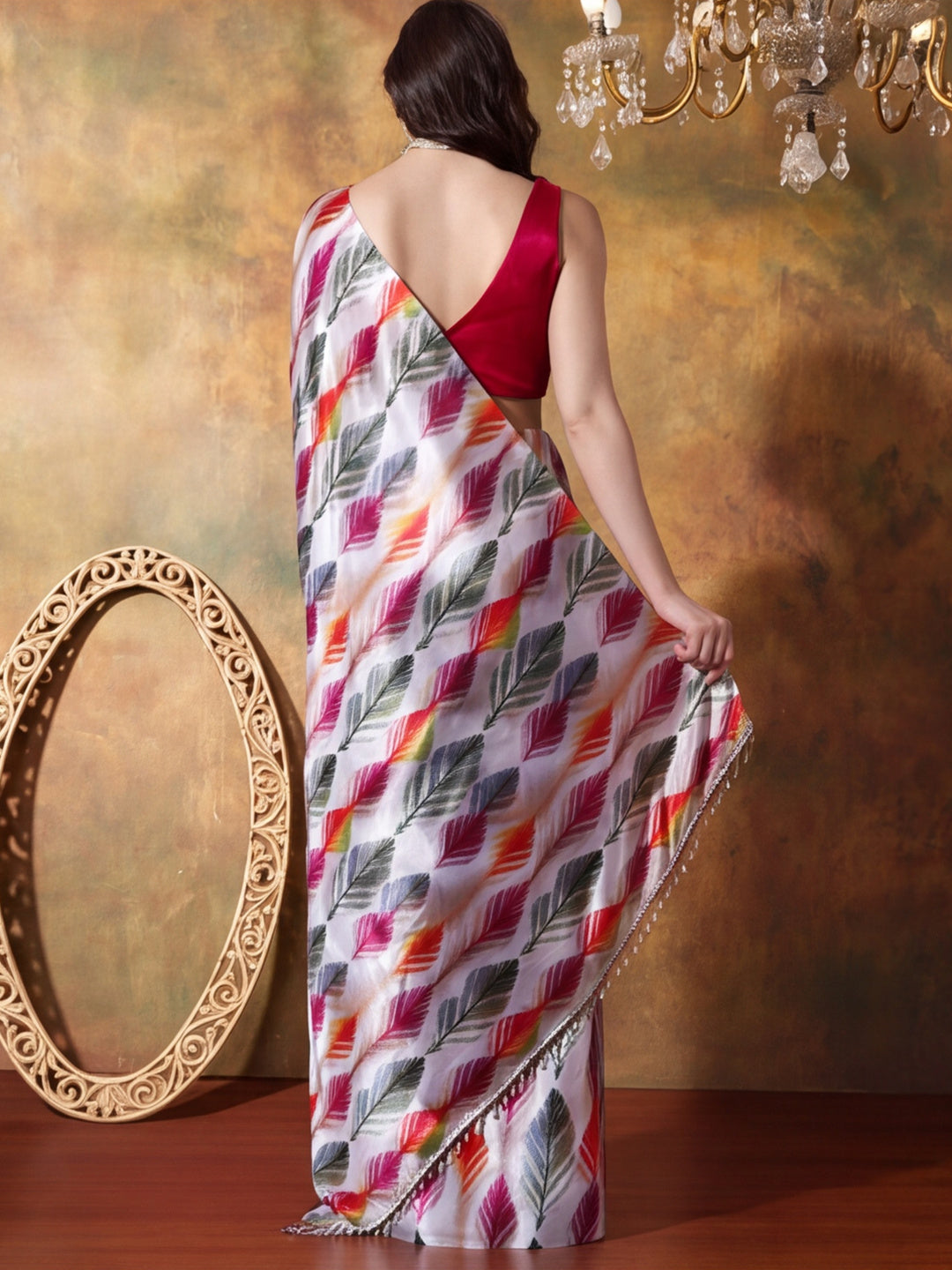 Trending Printed Chinon Ready To Wear Saree With Unstitched Blouse