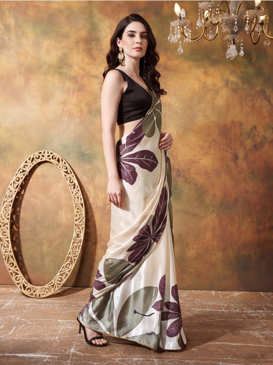 Trending Printed Chinon Ready To Wear Saree With Unstitched Blouse