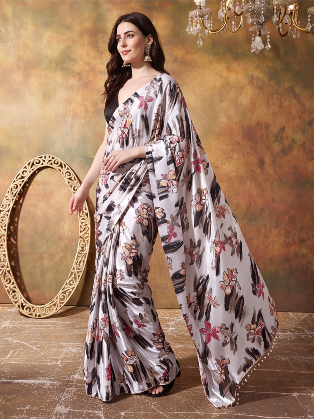 Trending Printed Chinon Ready To Wear Saree With Unstitched Blouse
