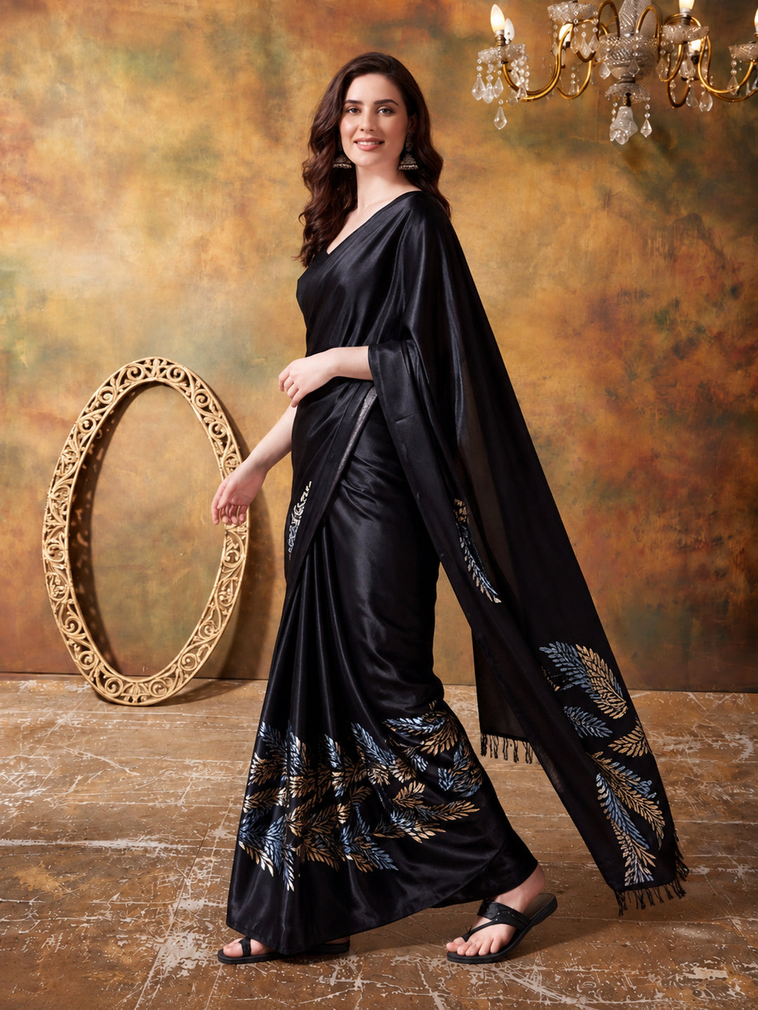 Trending Printed Chinon Ready To Wear Saree With Unstitched Blouse
