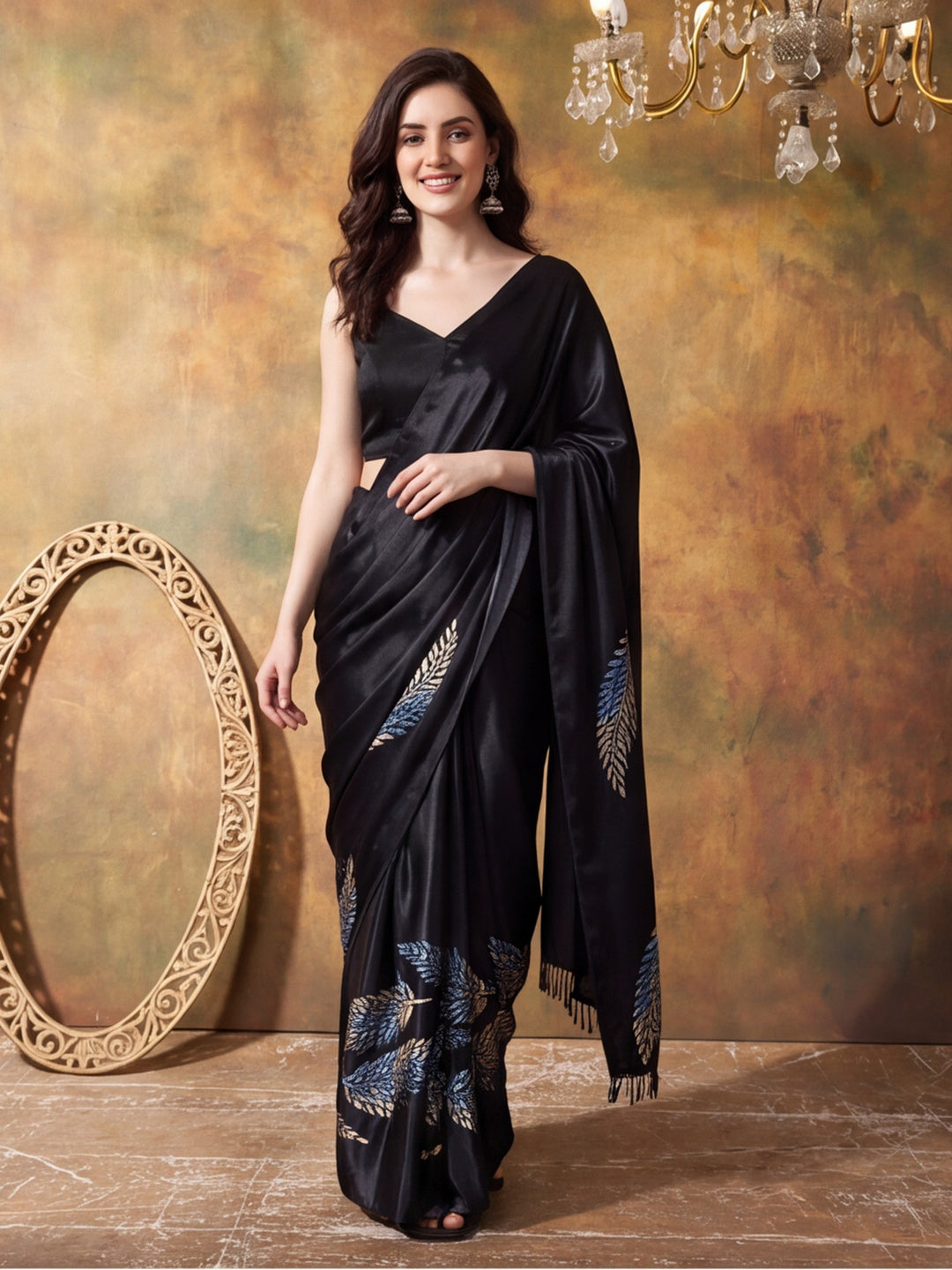 Trending Printed Chinon Ready To Wear Saree With Unstitched Blouse