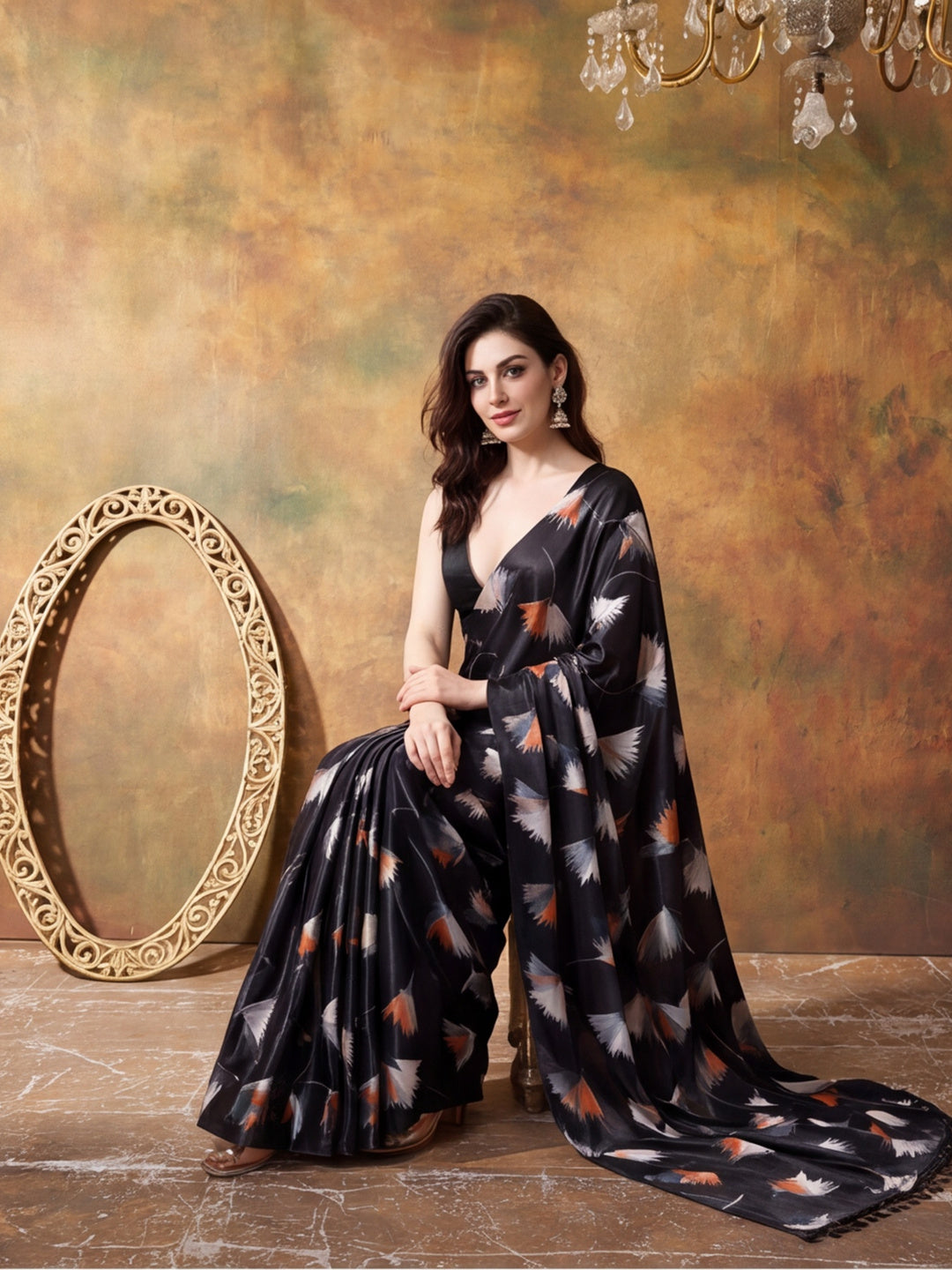 Trending Printed Chinon Ready To Wear Saree With Unstitched Blouse