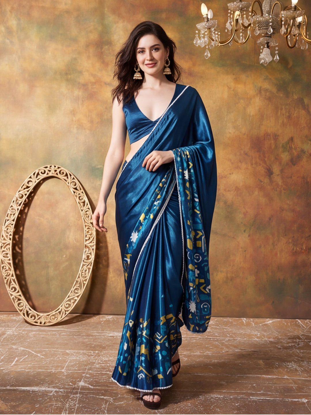 Trending Printed Chinon Ready To Wear Saree With Unstitched Blouse