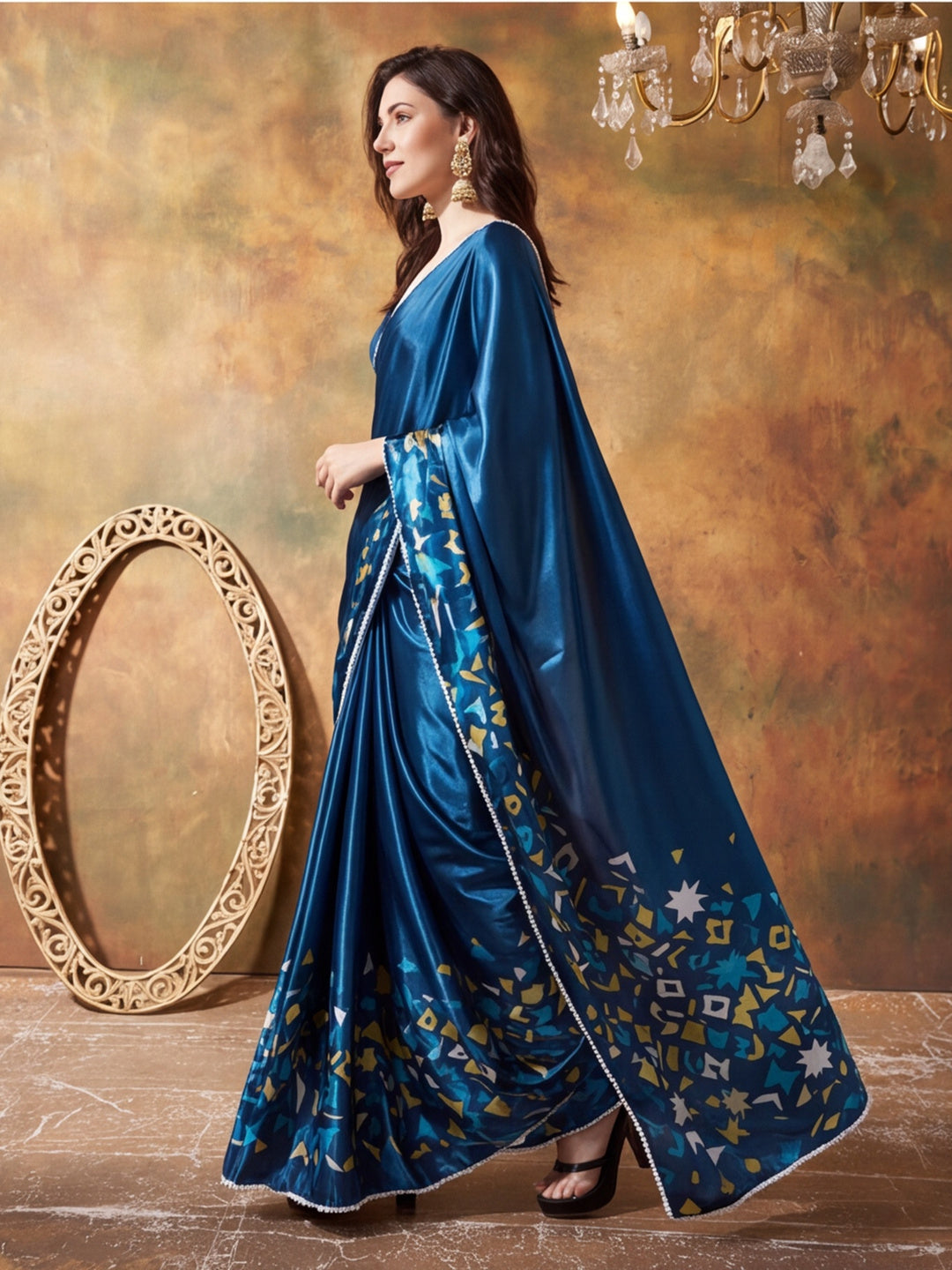 Trending Printed Chinon Ready To Wear Saree With Unstitched Blouse