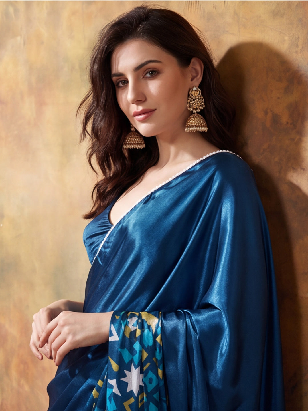 Trending Printed Chinon Ready To Wear Saree With Unstitched Blouse