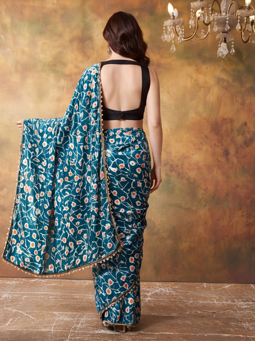 Trending Printed Chinon Ready To Wear Saree With Unstitched Blouse