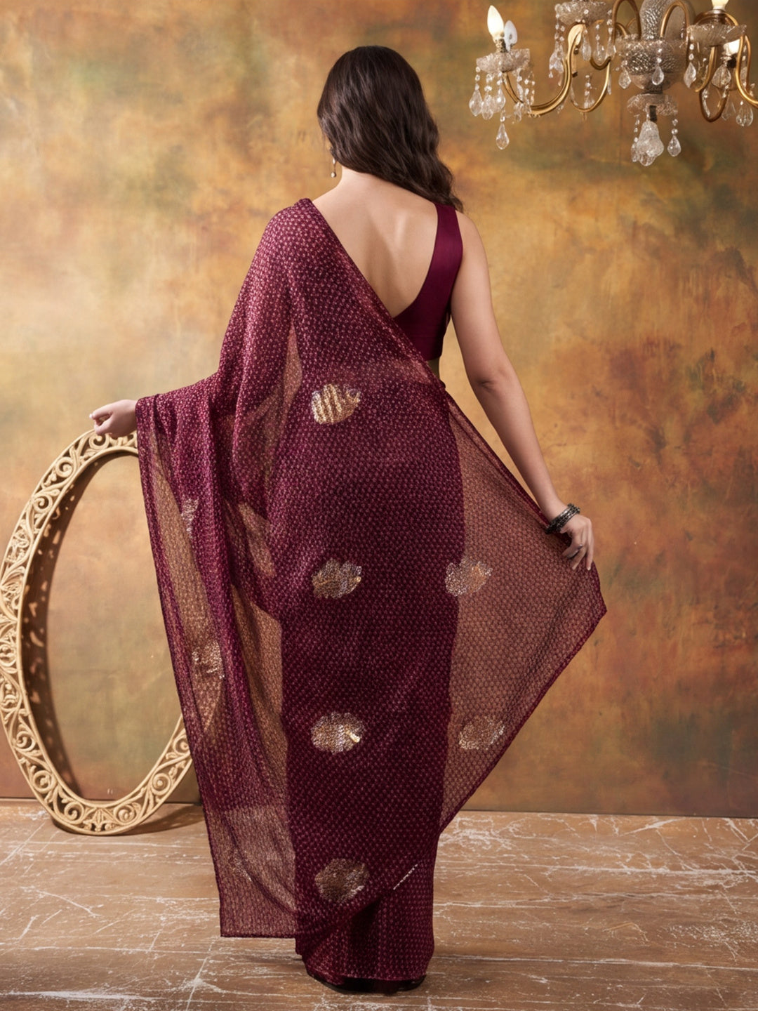 Foil Printed Georgette Ready To Wear Saree With Unstitched Blouse