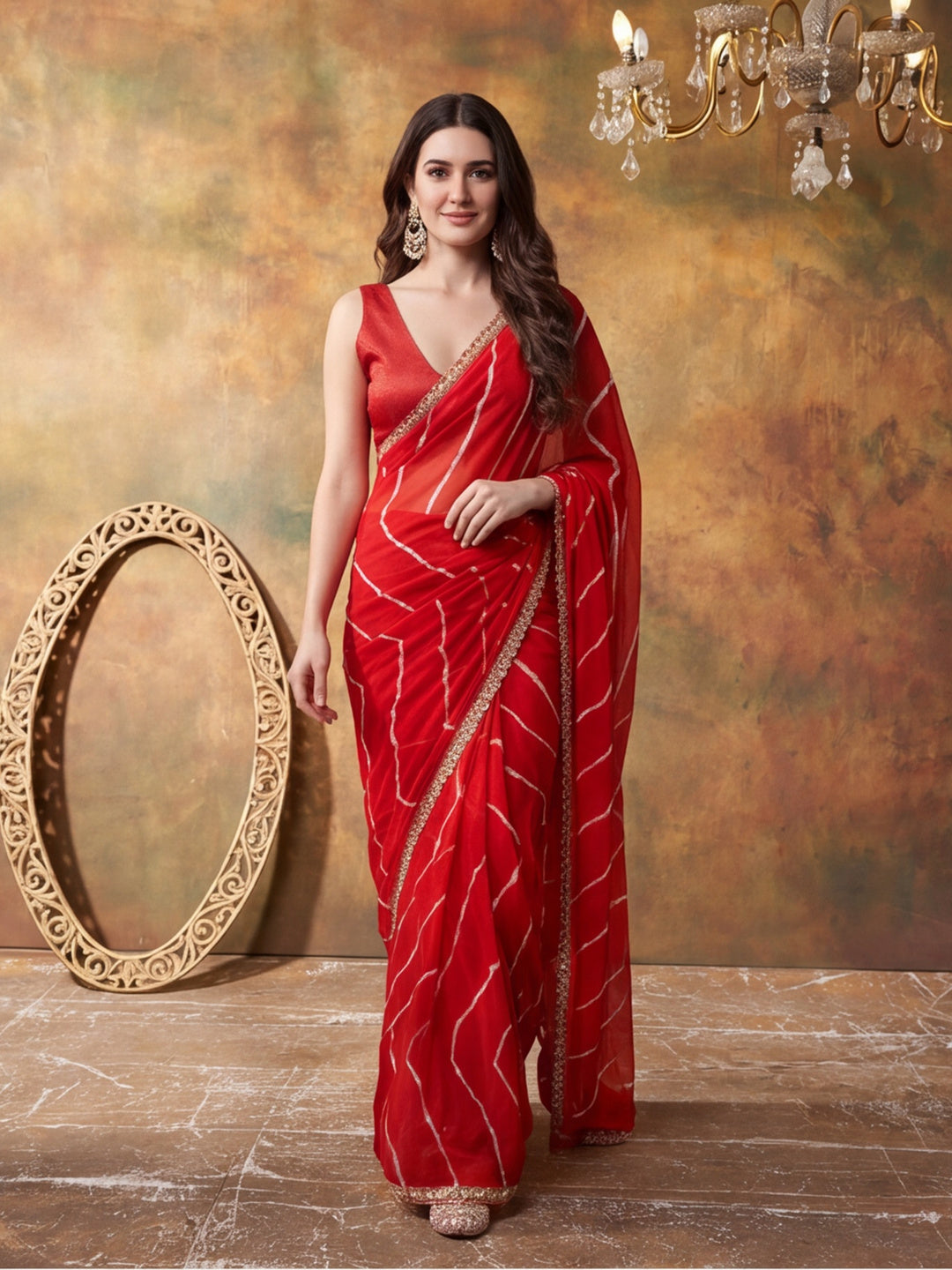 Embellished Laheriya Printed Georgette Ready To Wear Saree With Unstitched Blouse