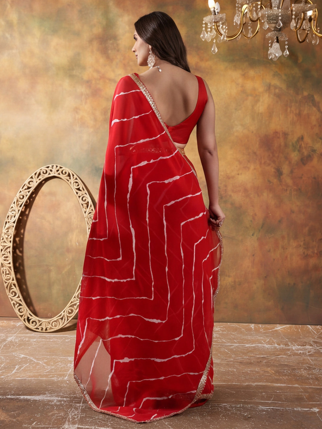 Embellished Laheriya Printed Georgette Ready To Wear Saree With Unstitched Blouse