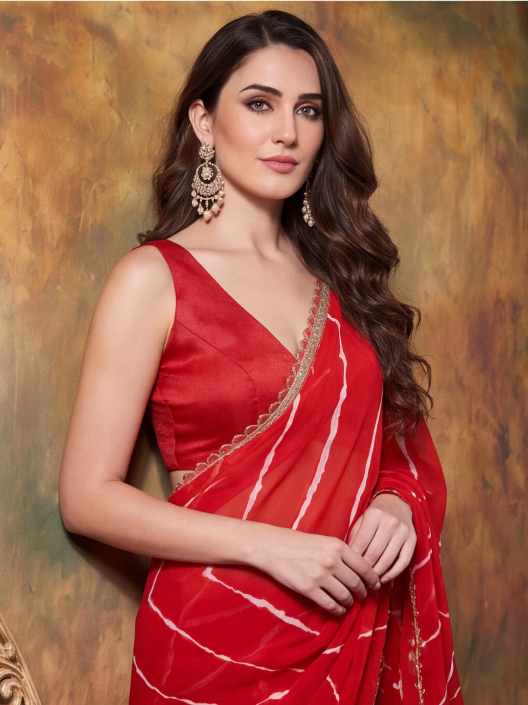 Embellished Laheriya Printed Georgette Ready To Wear Saree With Unstitched Blouse