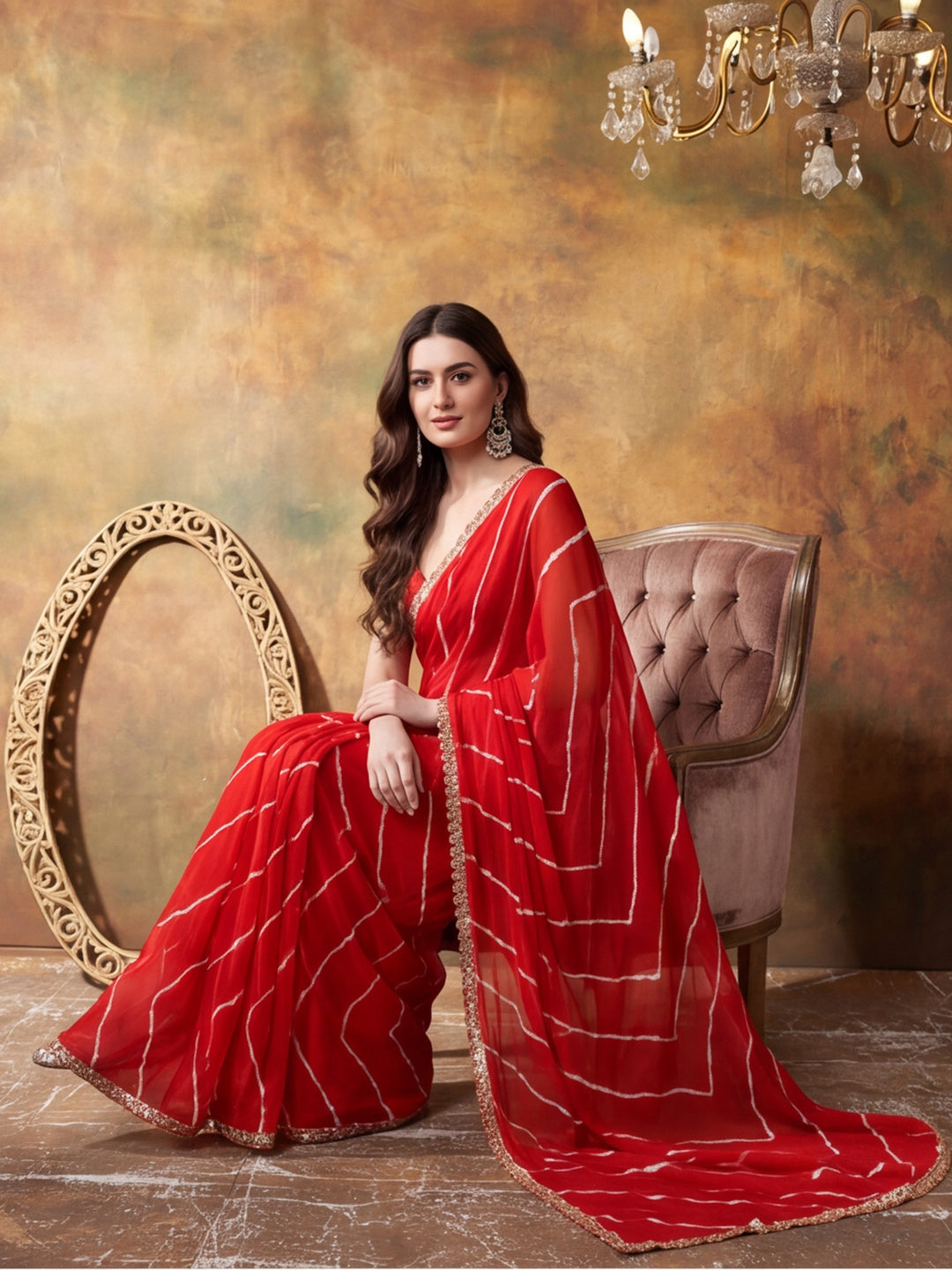 Embellished Laheriya Printed Georgette Ready To Wear Saree With Unstitched Blouse