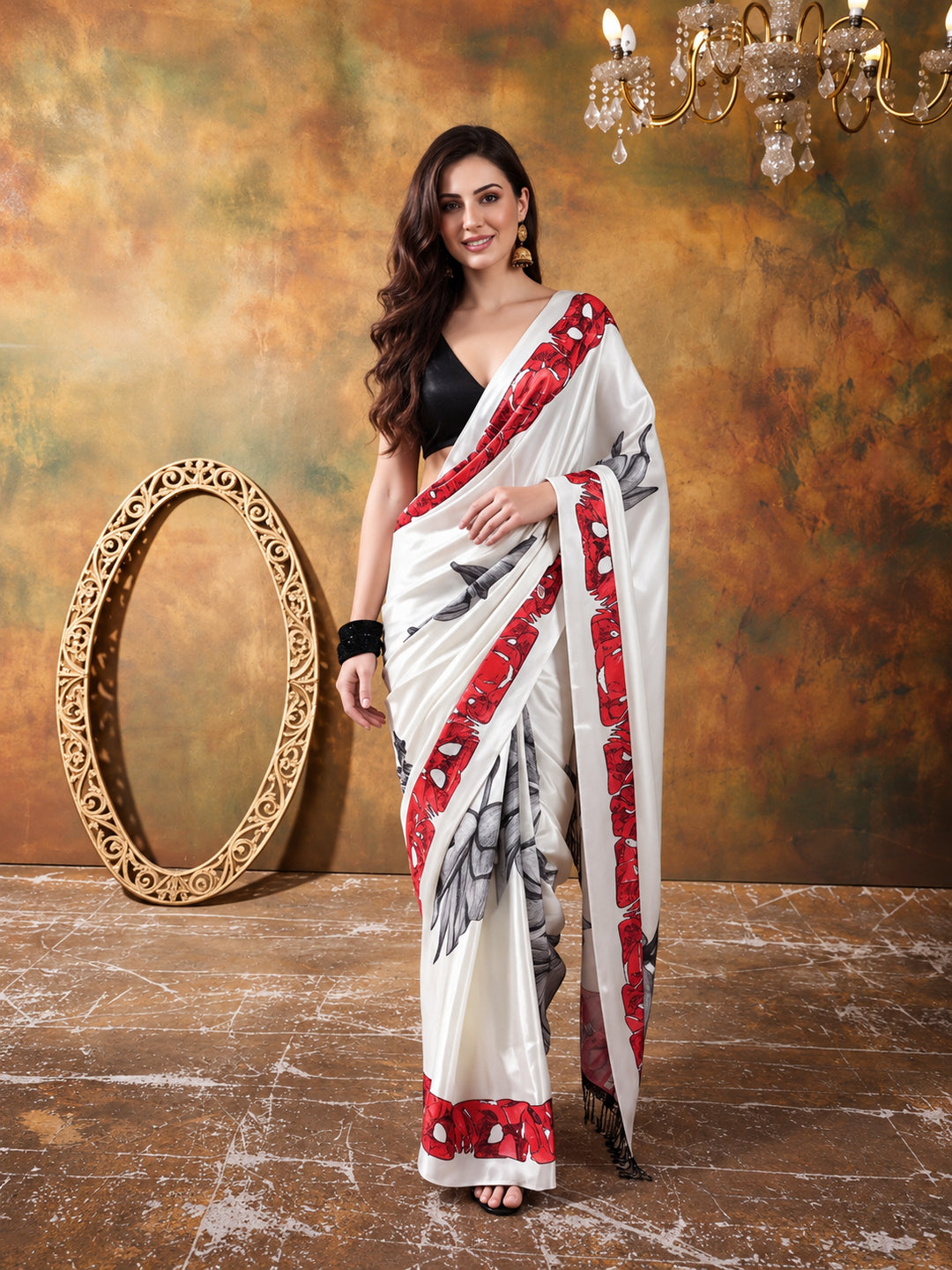 Beautiful Printed Chinon Ready To Wear Saree With Unstitched Blouse