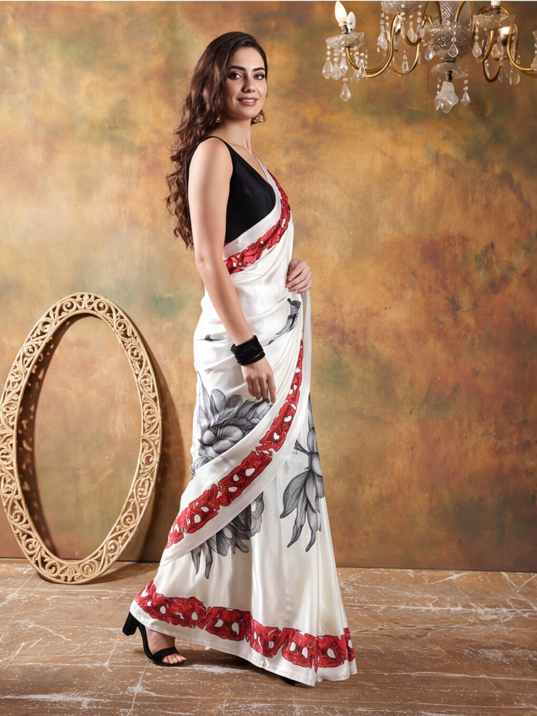Beautiful Printed Chinon Ready To Wear Saree With Unstitched Blouse