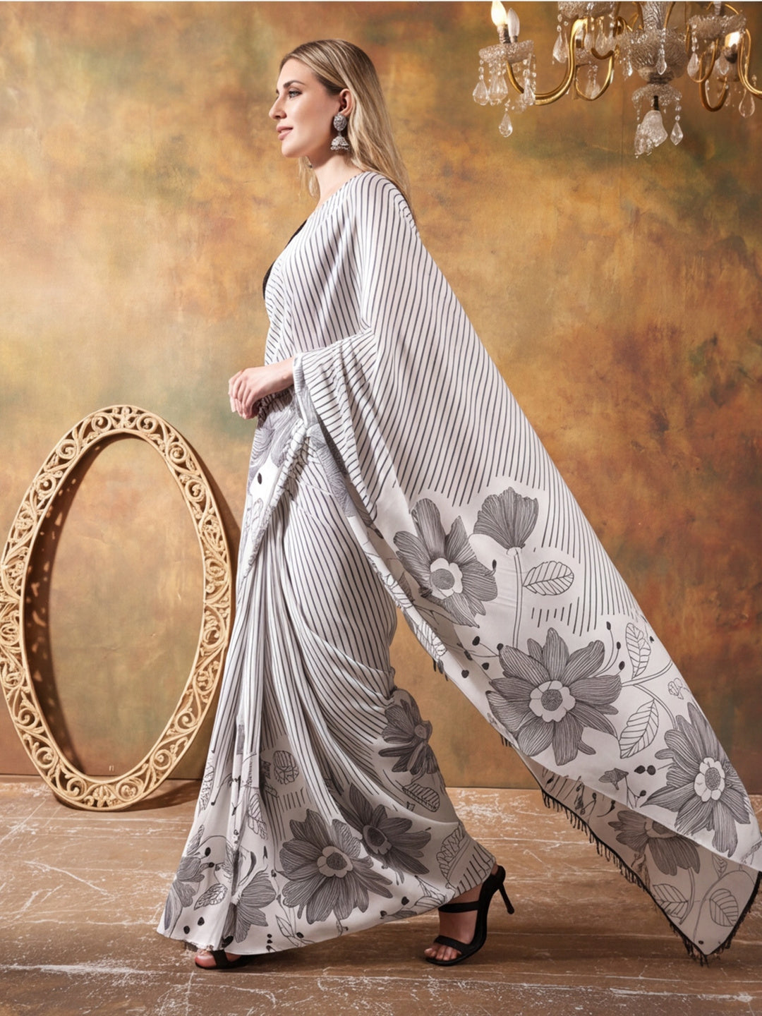 Beautiful Printed Chinon Ready To Wear Saree With Unstitched Blouse