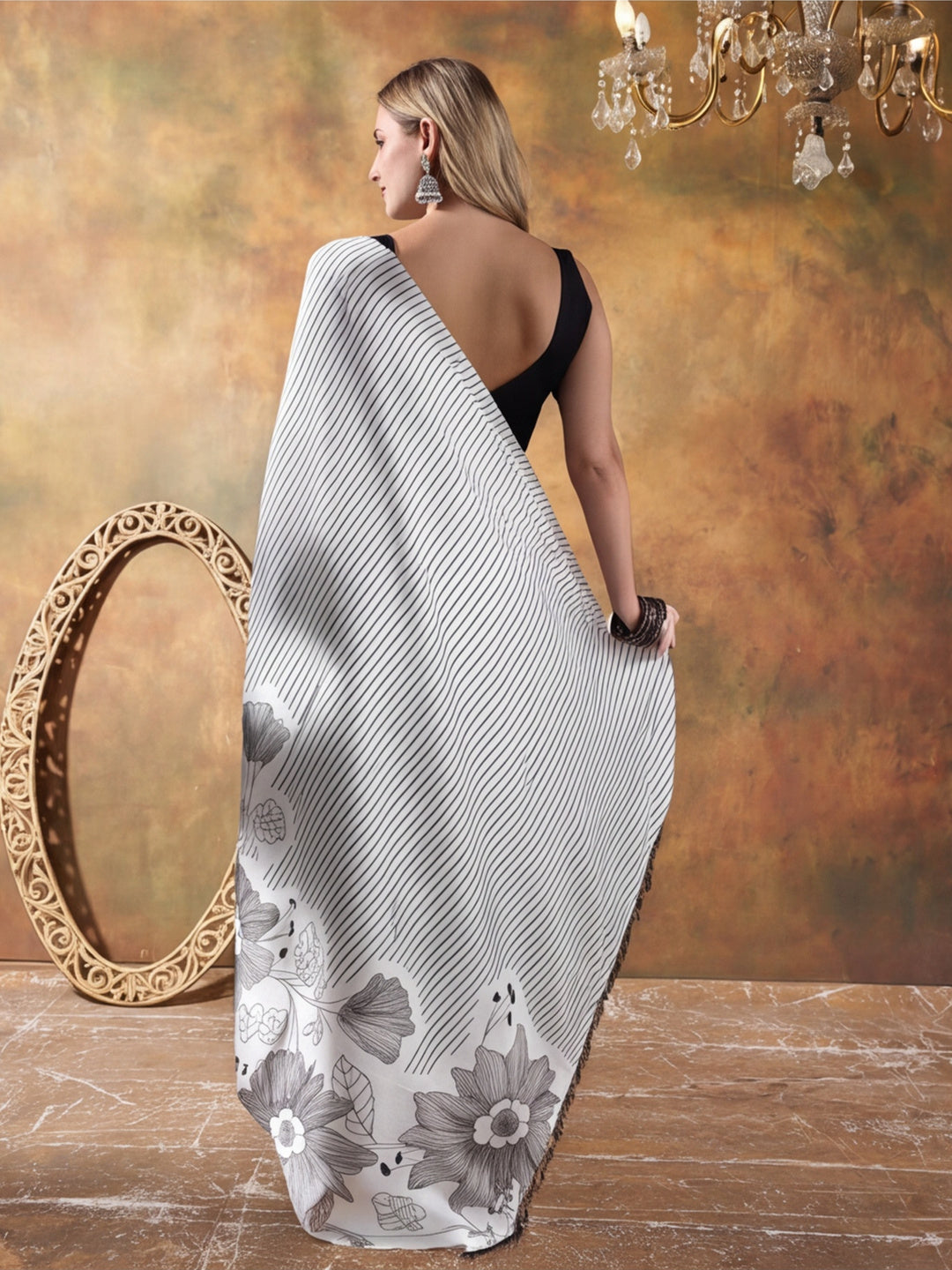 Beautiful Printed Chinon Ready To Wear Saree With Unstitched Blouse
