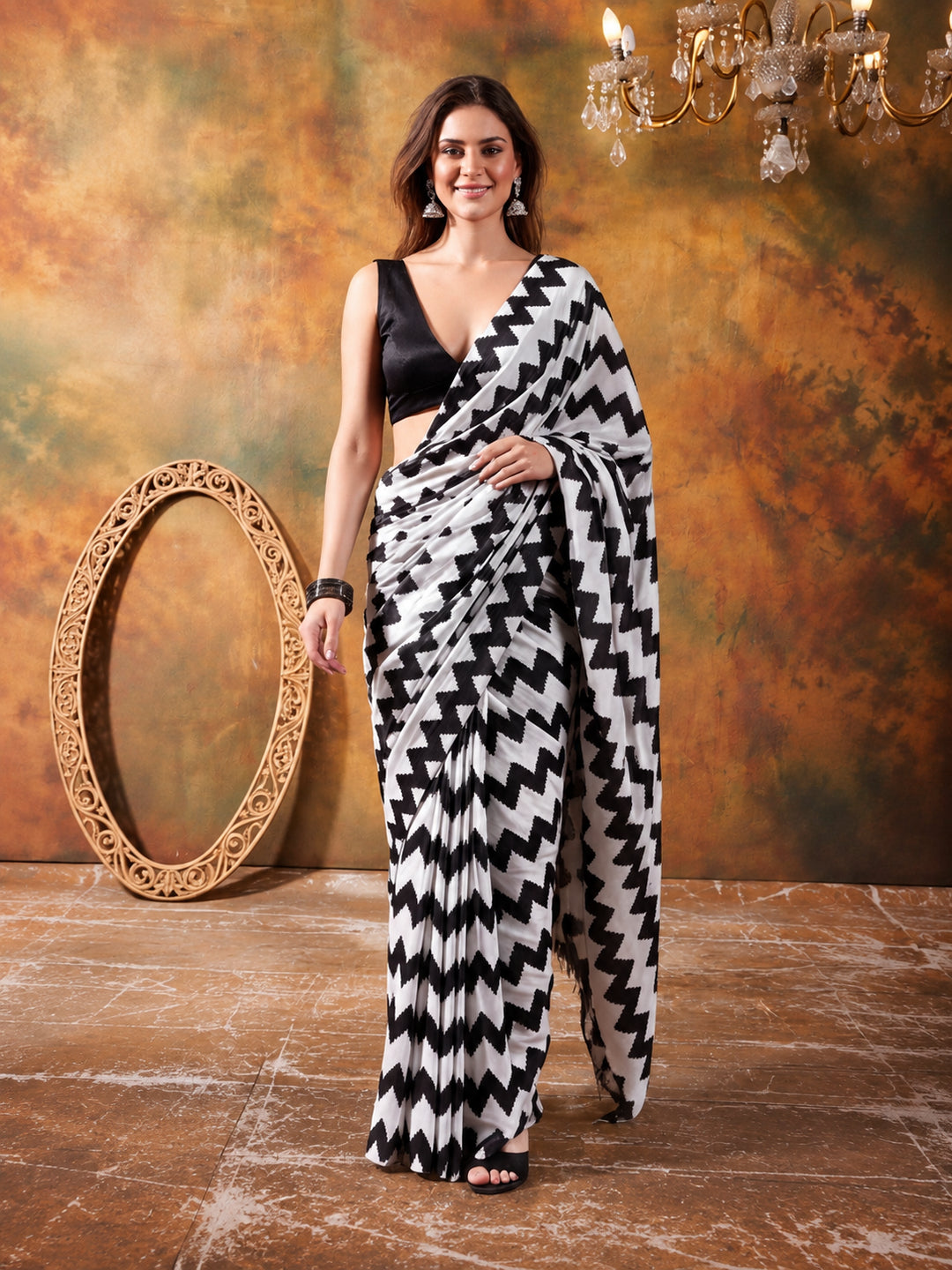 Beautiful Printed Chinon Ready To Wear Saree With Unstitched Blouse
