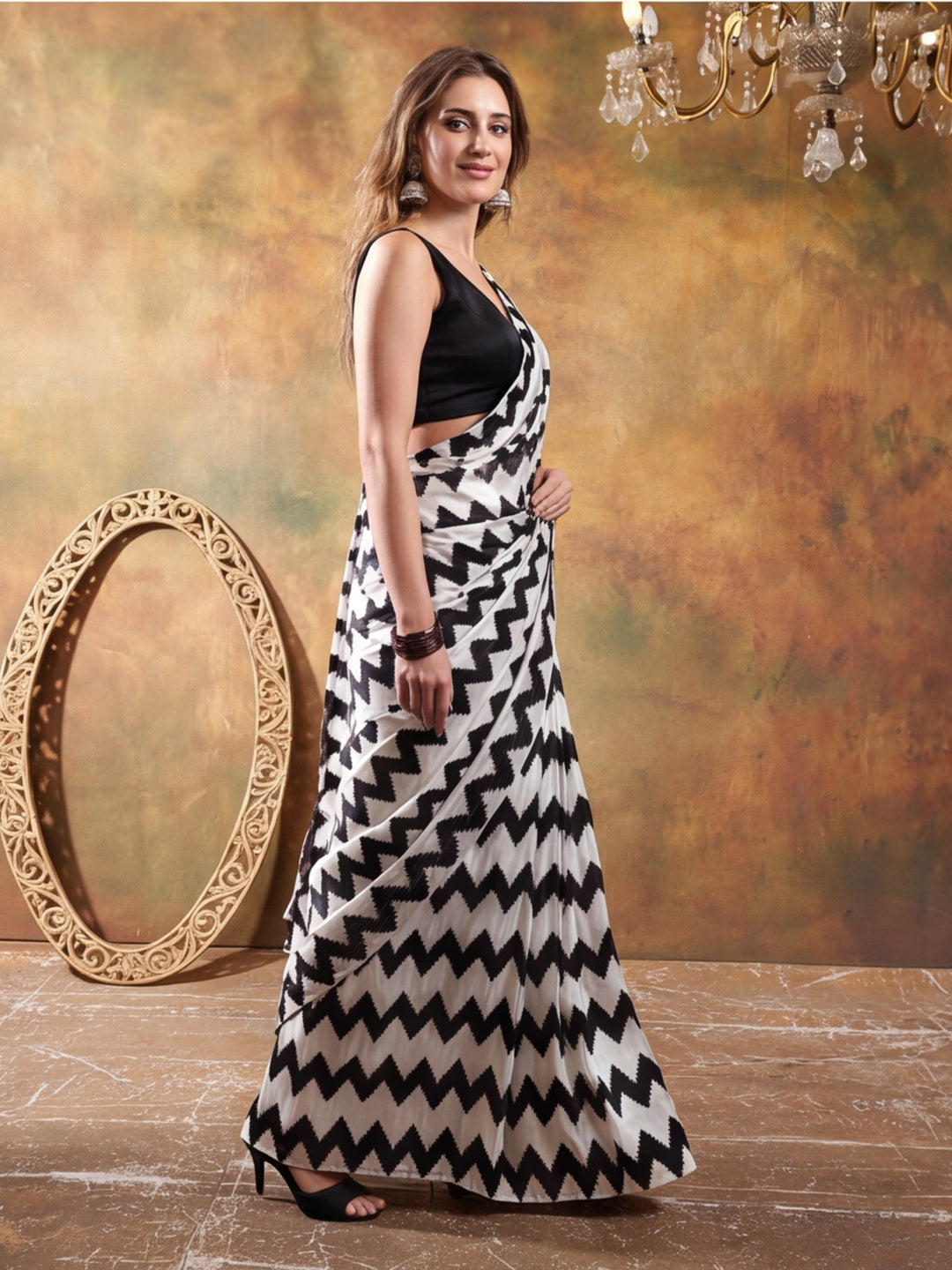 Beautiful Printed Chinon Ready To Wear Saree With Unstitched Blouse