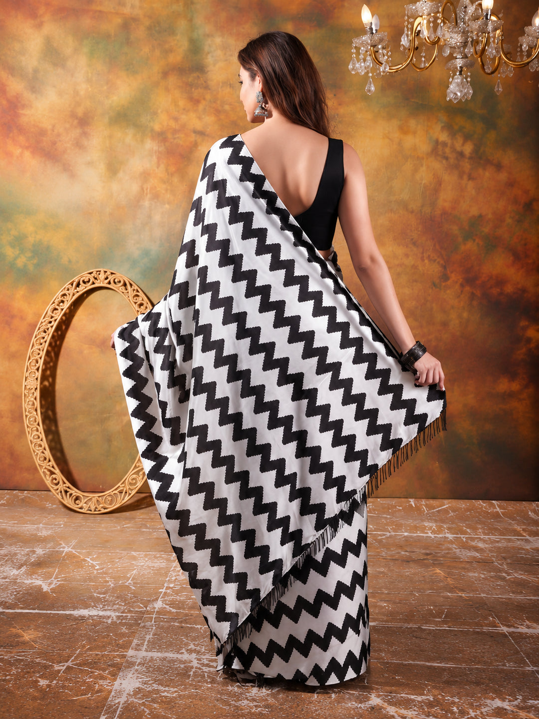Beautiful Printed Chinon Ready To Wear Saree With Unstitched Blouse