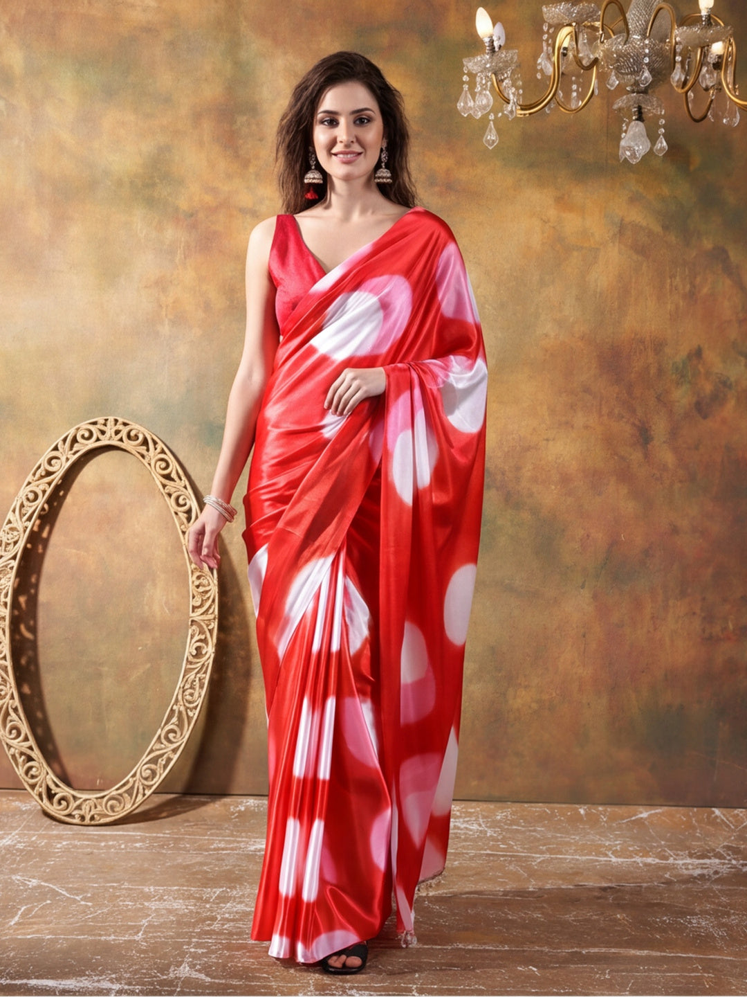 Beautiful Printed Chinon Ready To Wear Saree With Unstitched Blouse