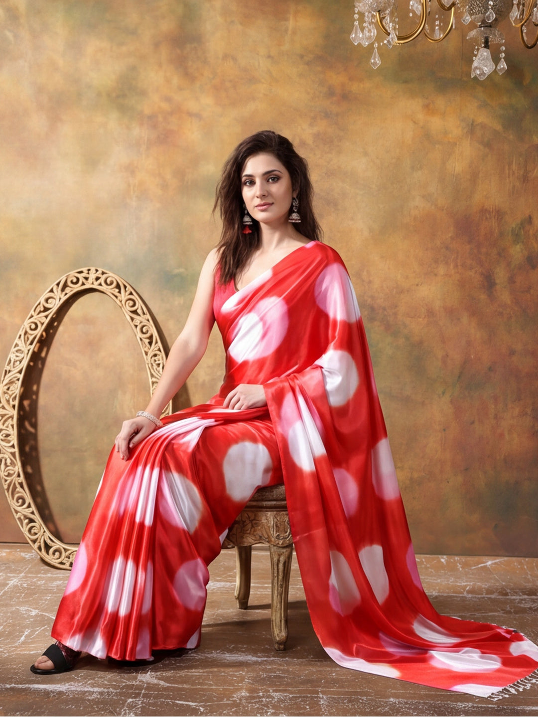 Beautiful Printed Chinon Ready To Wear Saree With Unstitched Blouse