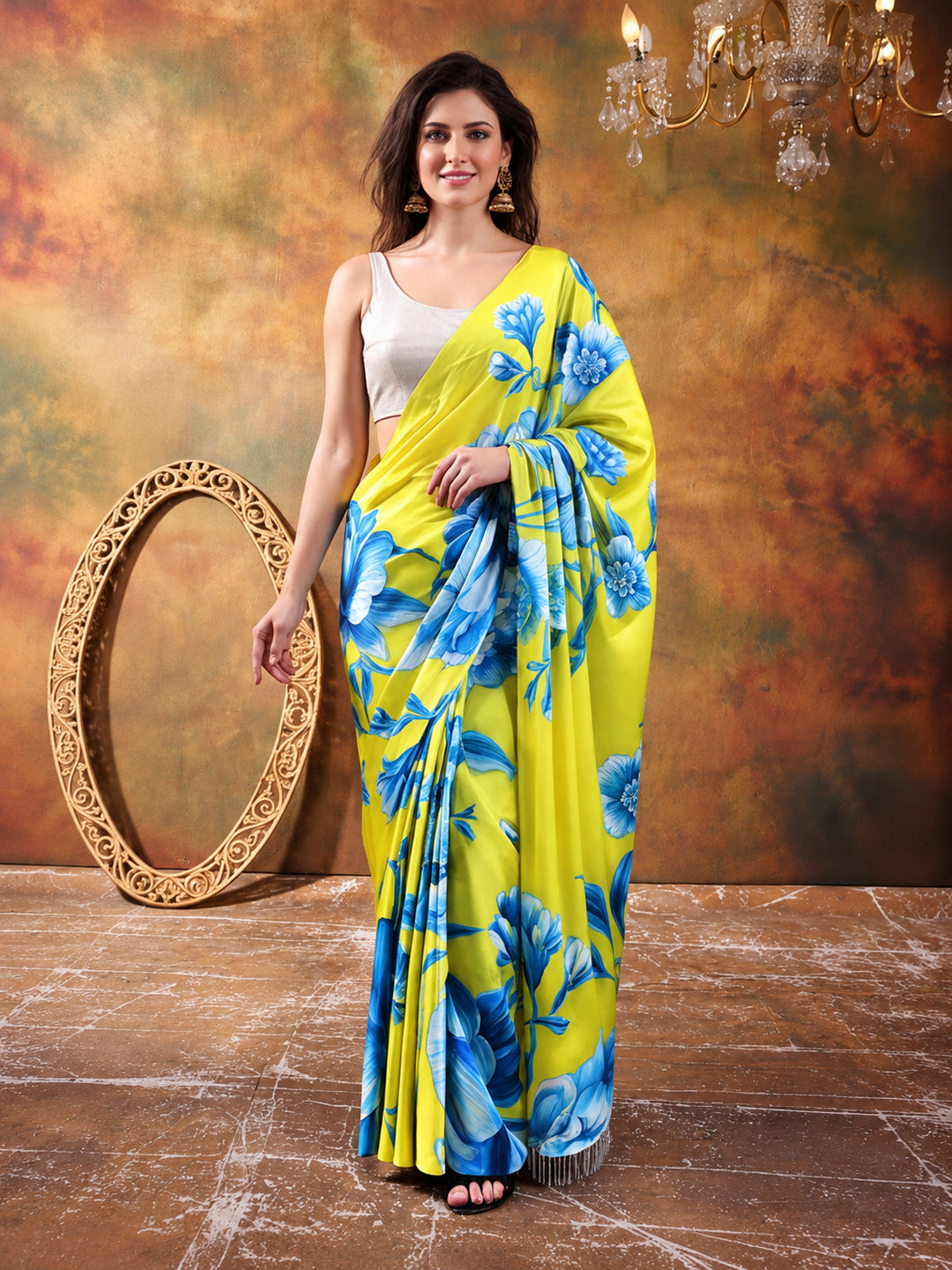 Beautiful Printed Chinon Ready To Wear Saree With Unstitched Blouse
