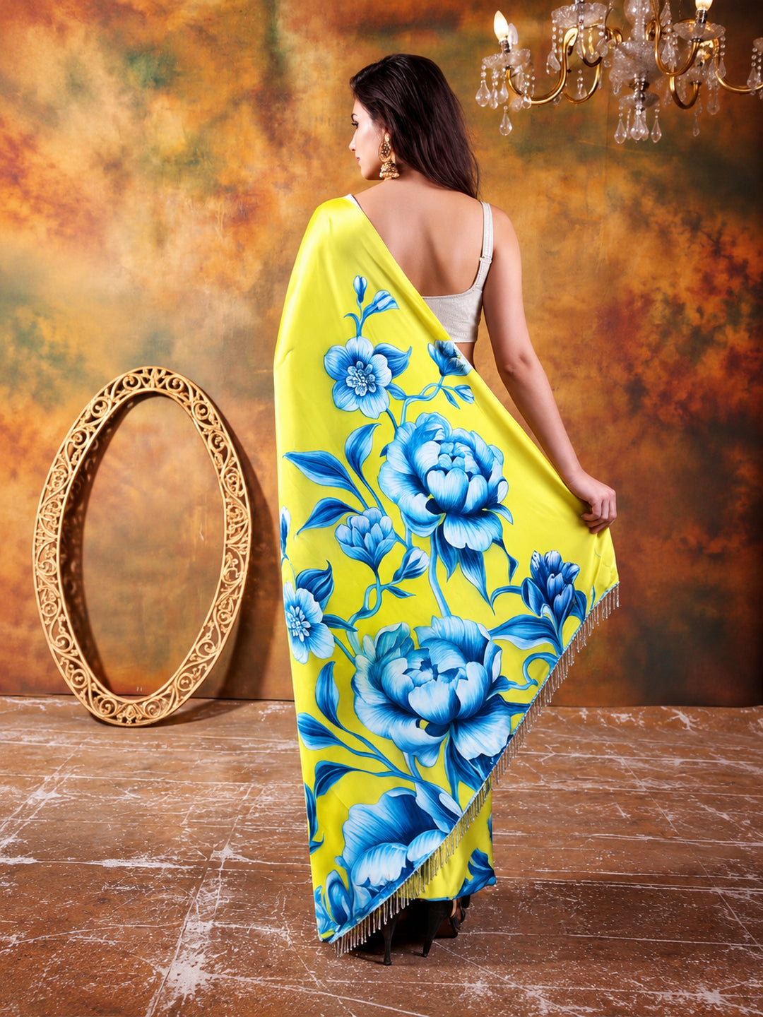 Beautiful Printed Chinon Ready To Wear Saree With Unstitched Blouse