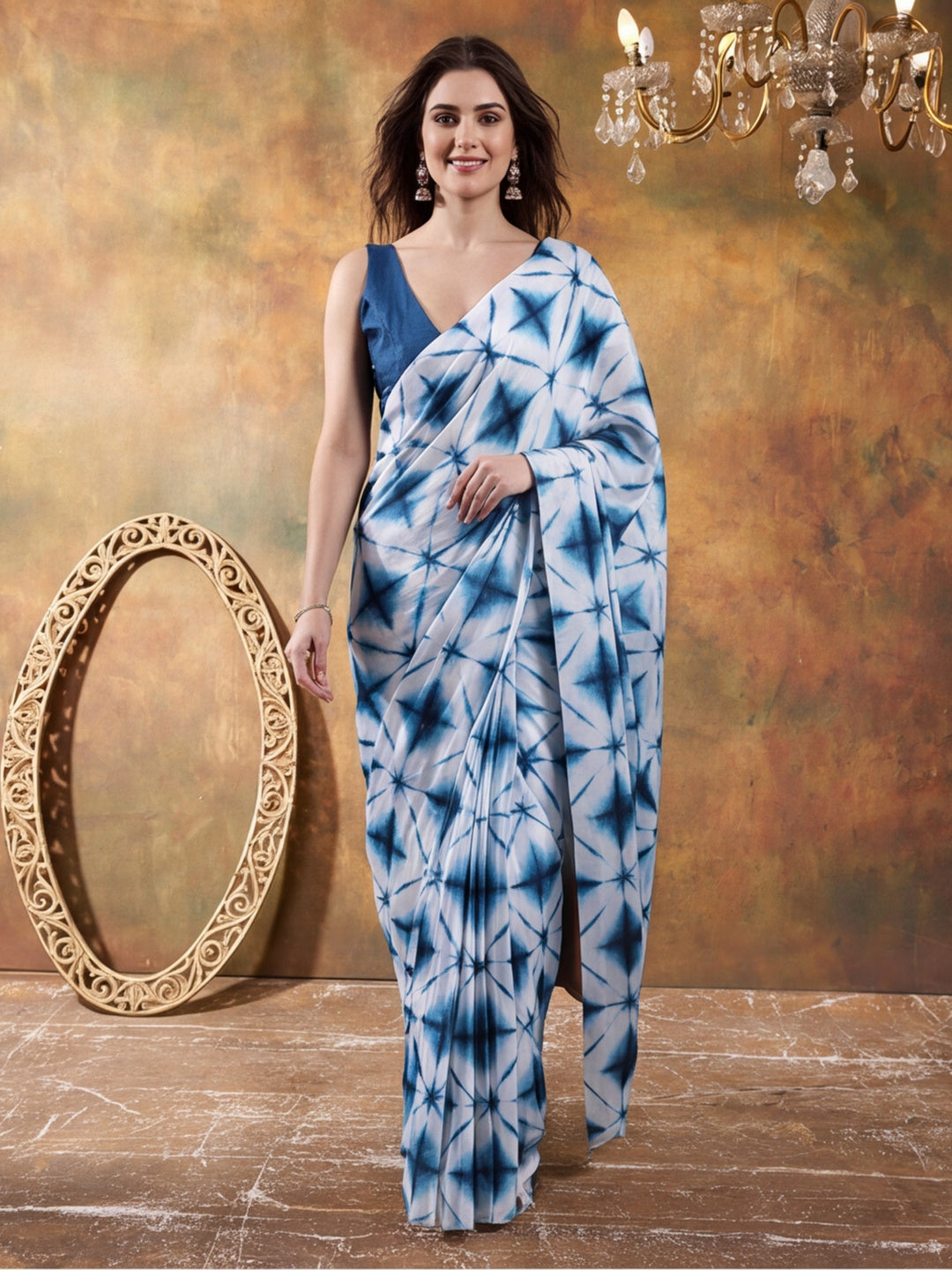 Beautiful Printed Chinon Ready To Wear Saree With Unstitched Blouse