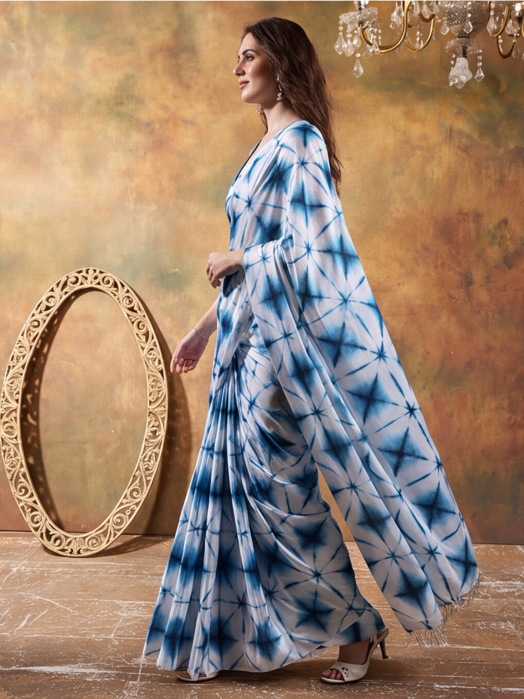 Beautiful Printed Chinon Ready To Wear Saree With Unstitched Blouse