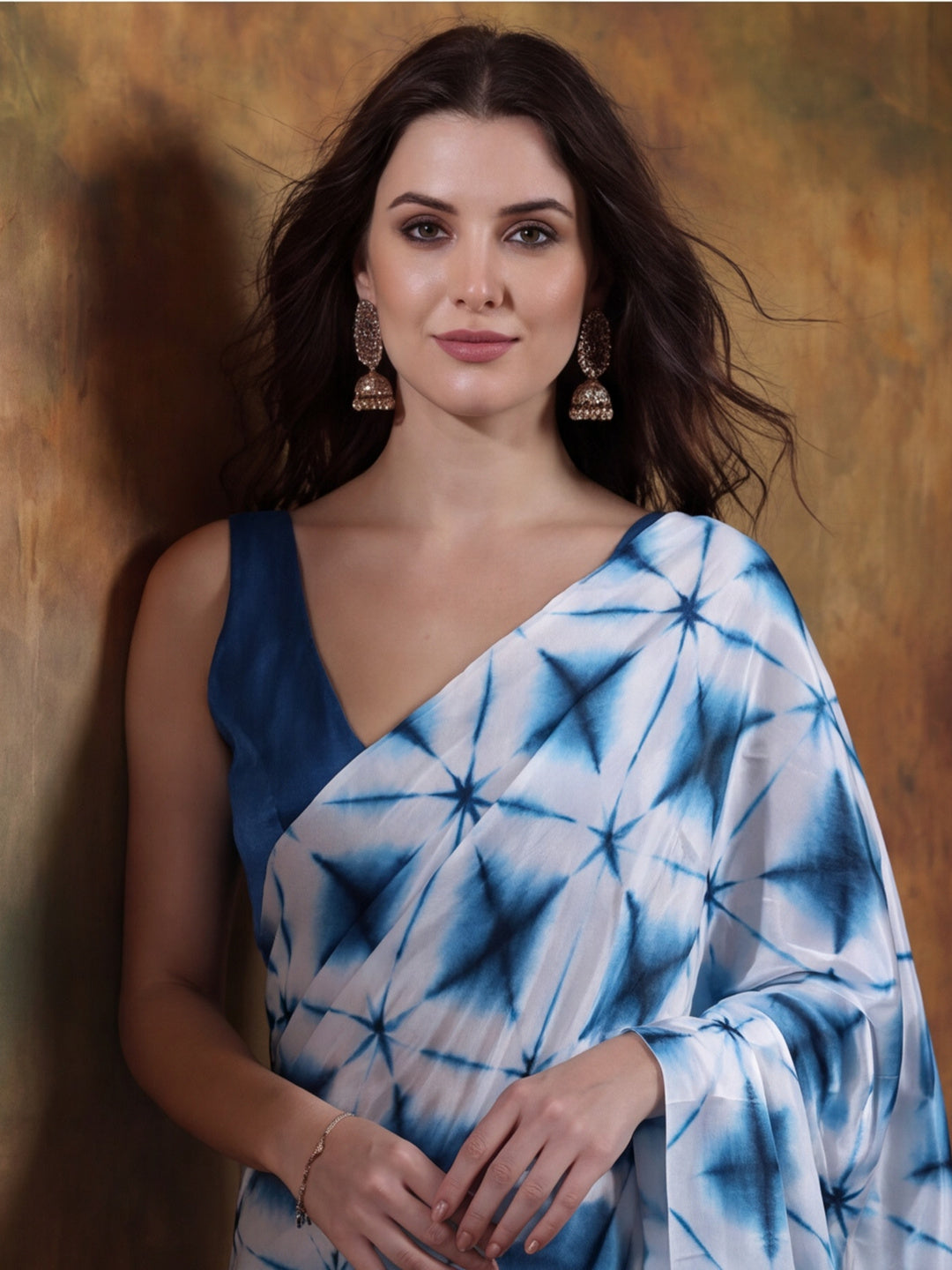 Beautiful Printed Chinon Ready To Wear Saree With Unstitched Blouse