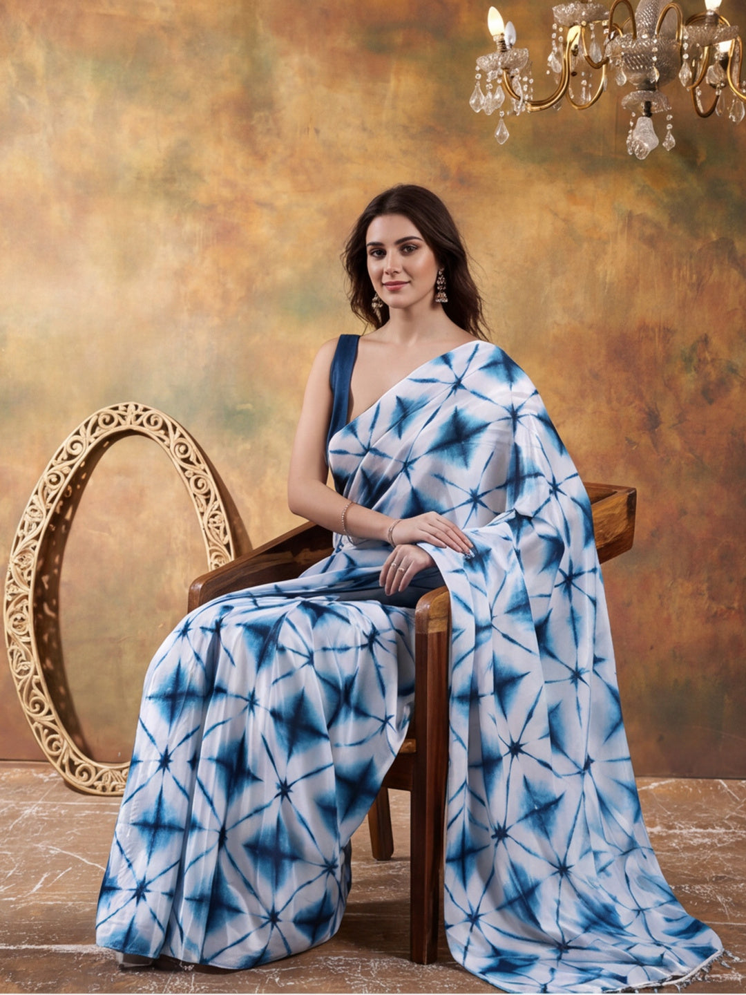 Beautiful Printed Chinon Ready To Wear Saree With Unstitched Blouse