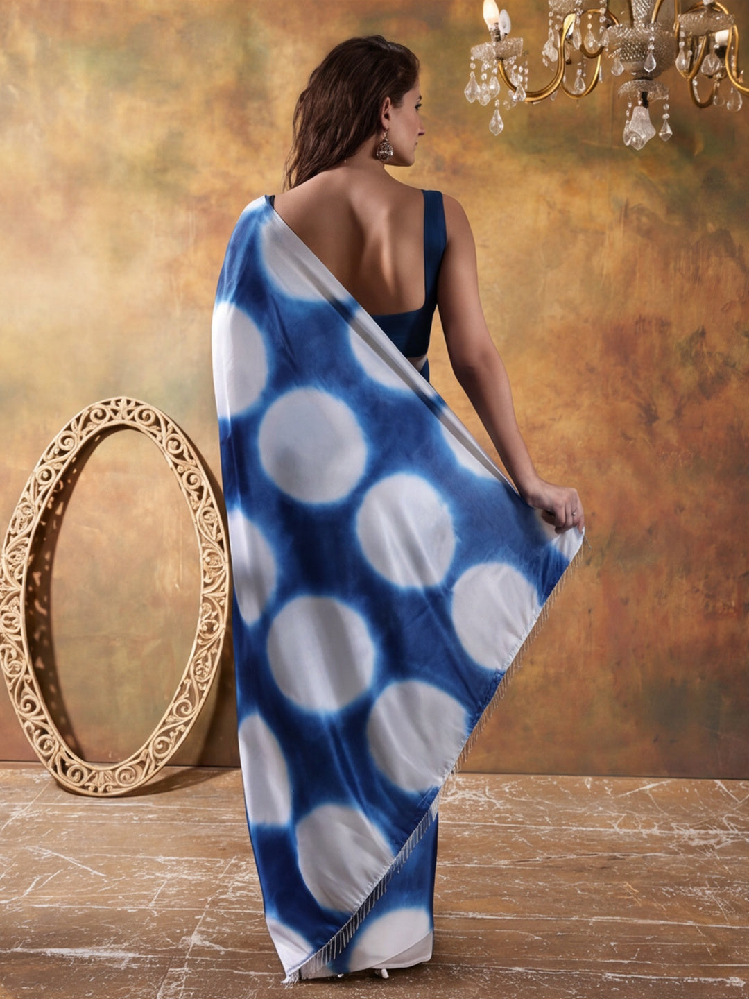Beautiful Printed Chinon Ready To Wear Saree With Unstitched Blouse