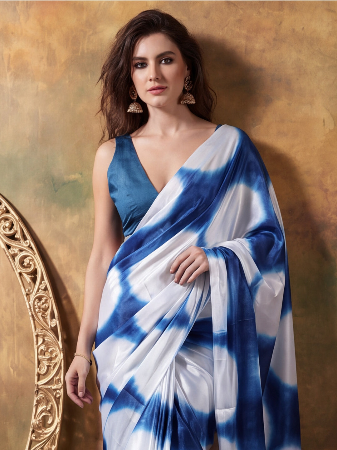 Beautiful Printed Chinon Ready To Wear Saree With Unstitched Blouse