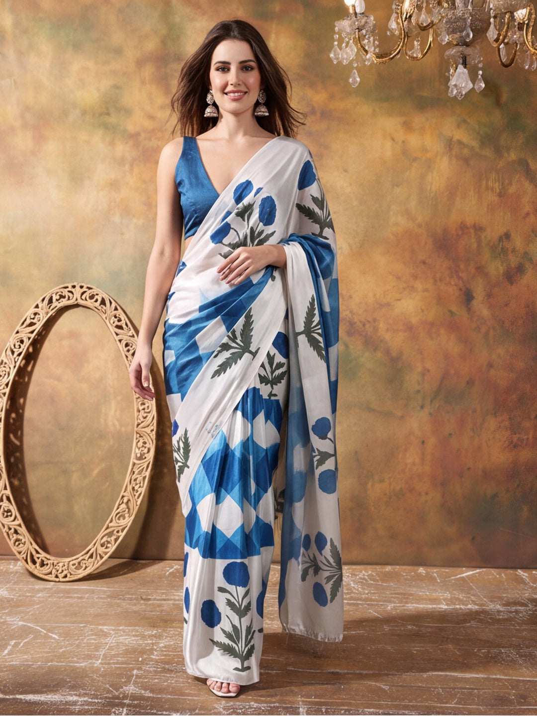 Beautiful Printed Chinon Ready To Wear Saree With Unstitched Blouse