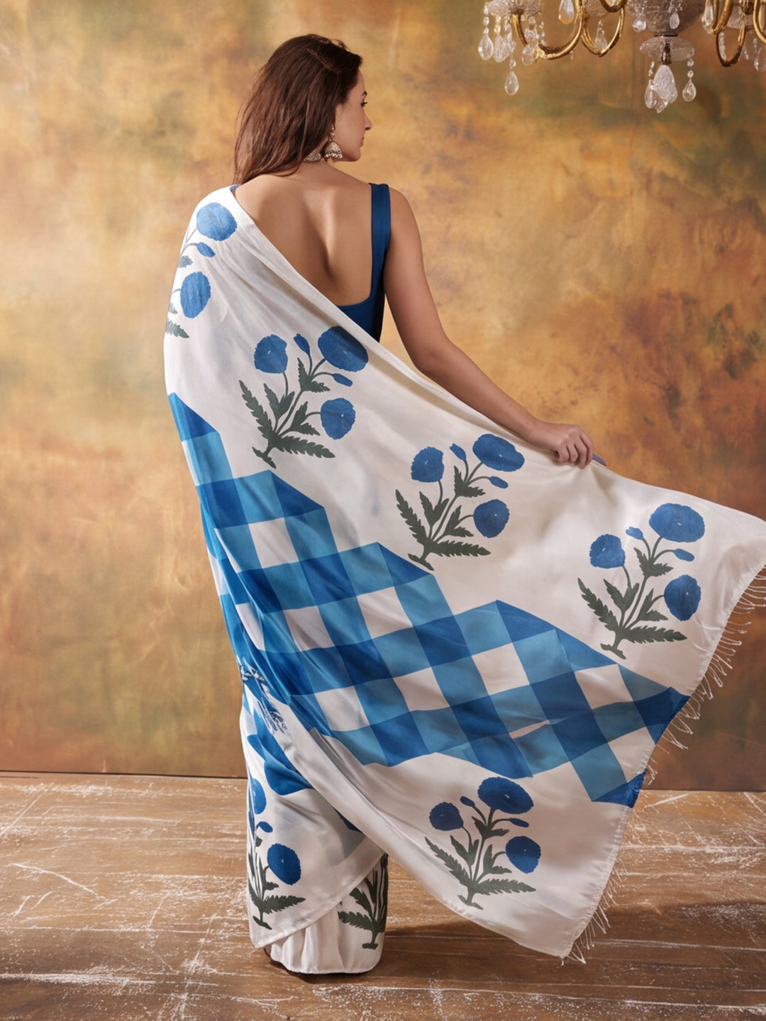 Beautiful Printed Chinon Ready To Wear Saree With Unstitched Blouse