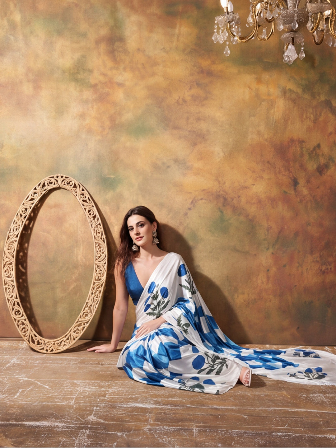 Beautiful Printed Chinon Ready To Wear Saree With Unstitched Blouse