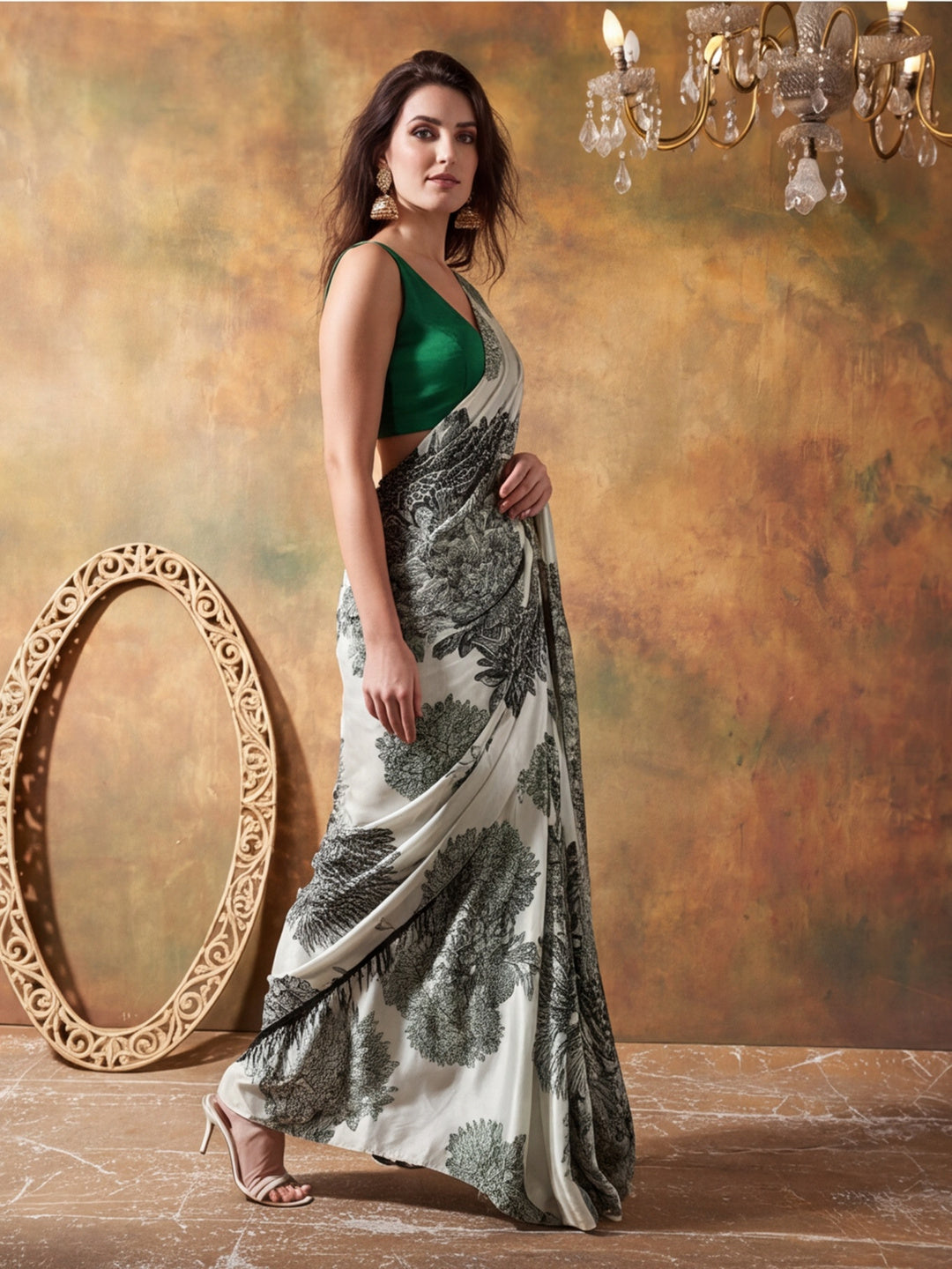 Beautiful Printed Chinon Ready To Wear Saree With Unstitched Blouse