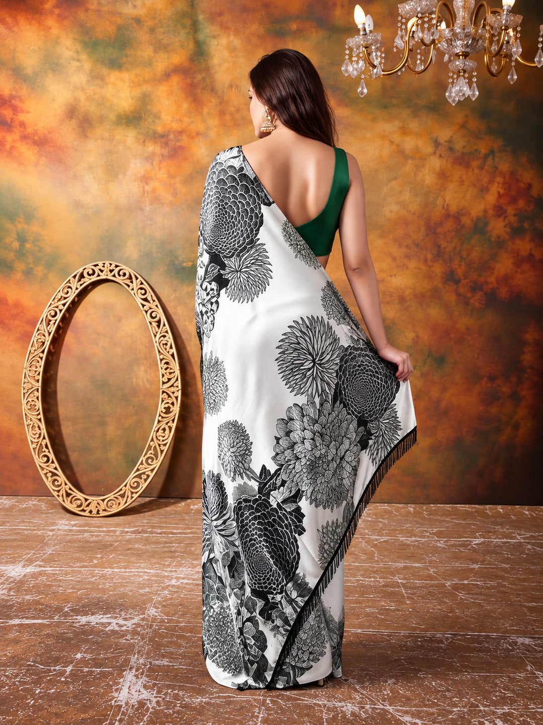 Beautiful Printed Chinon Ready To Wear Saree With Unstitched Blouse