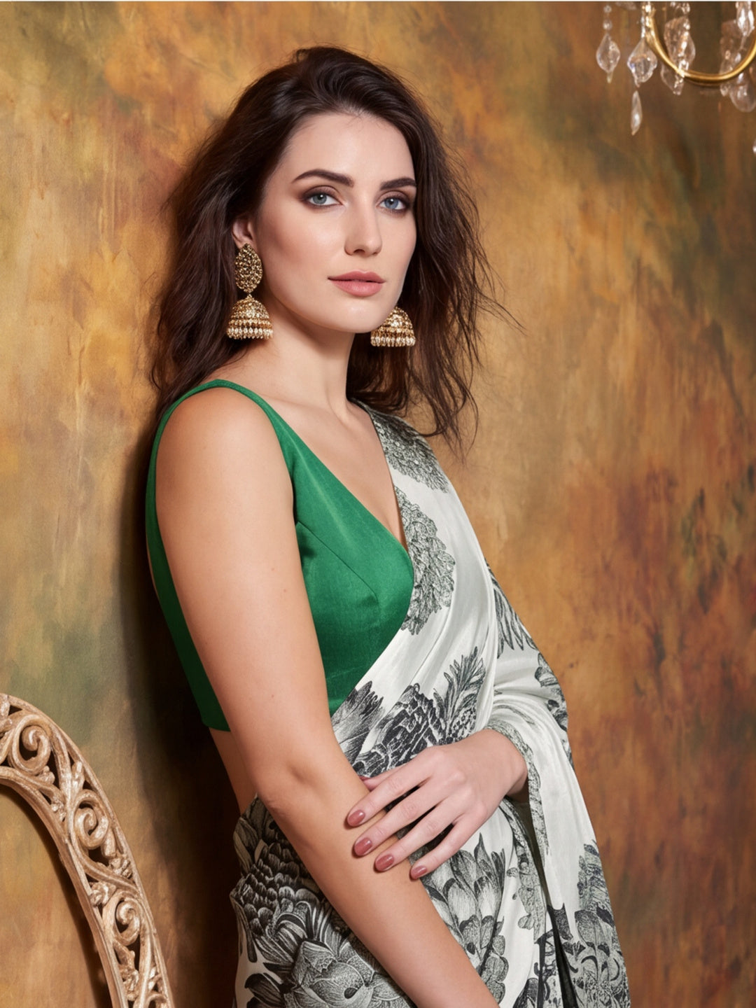 Beautiful Printed Chinon Ready To Wear Saree With Unstitched Blouse