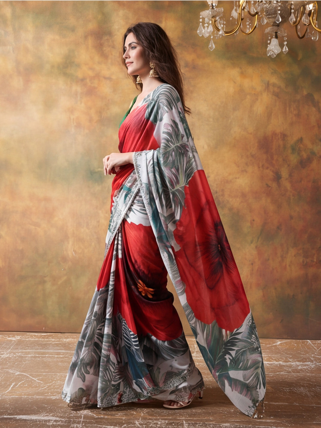 Beautiful Printed Chinon Ready To Wear Saree With Unstitched Blouse