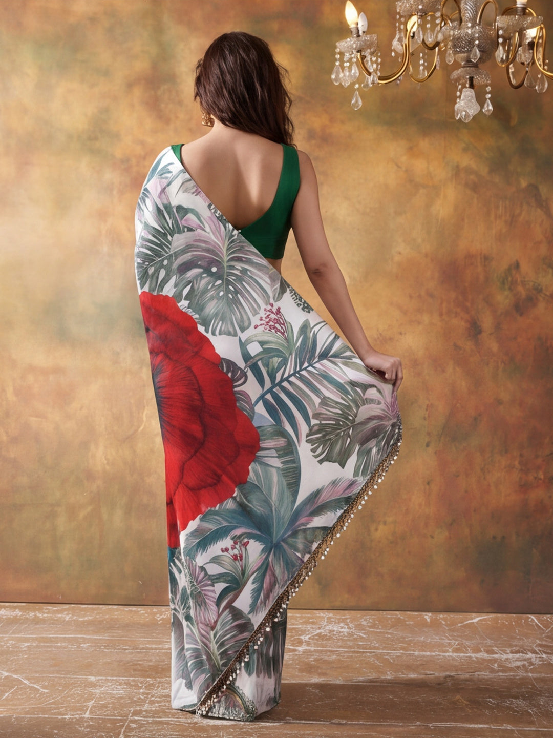 Beautiful Printed Chinon Ready To Wear Saree With Unstitched Blouse