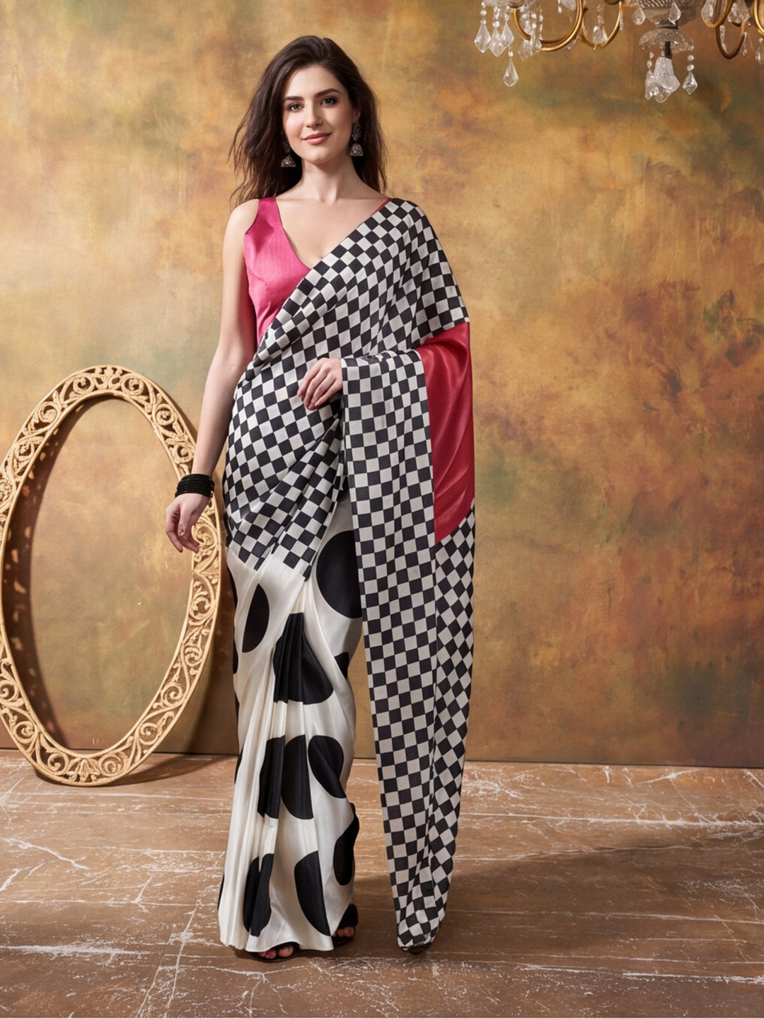 Beautiful Printed Chinon Ready To Wear Saree With Unstitched Blouse