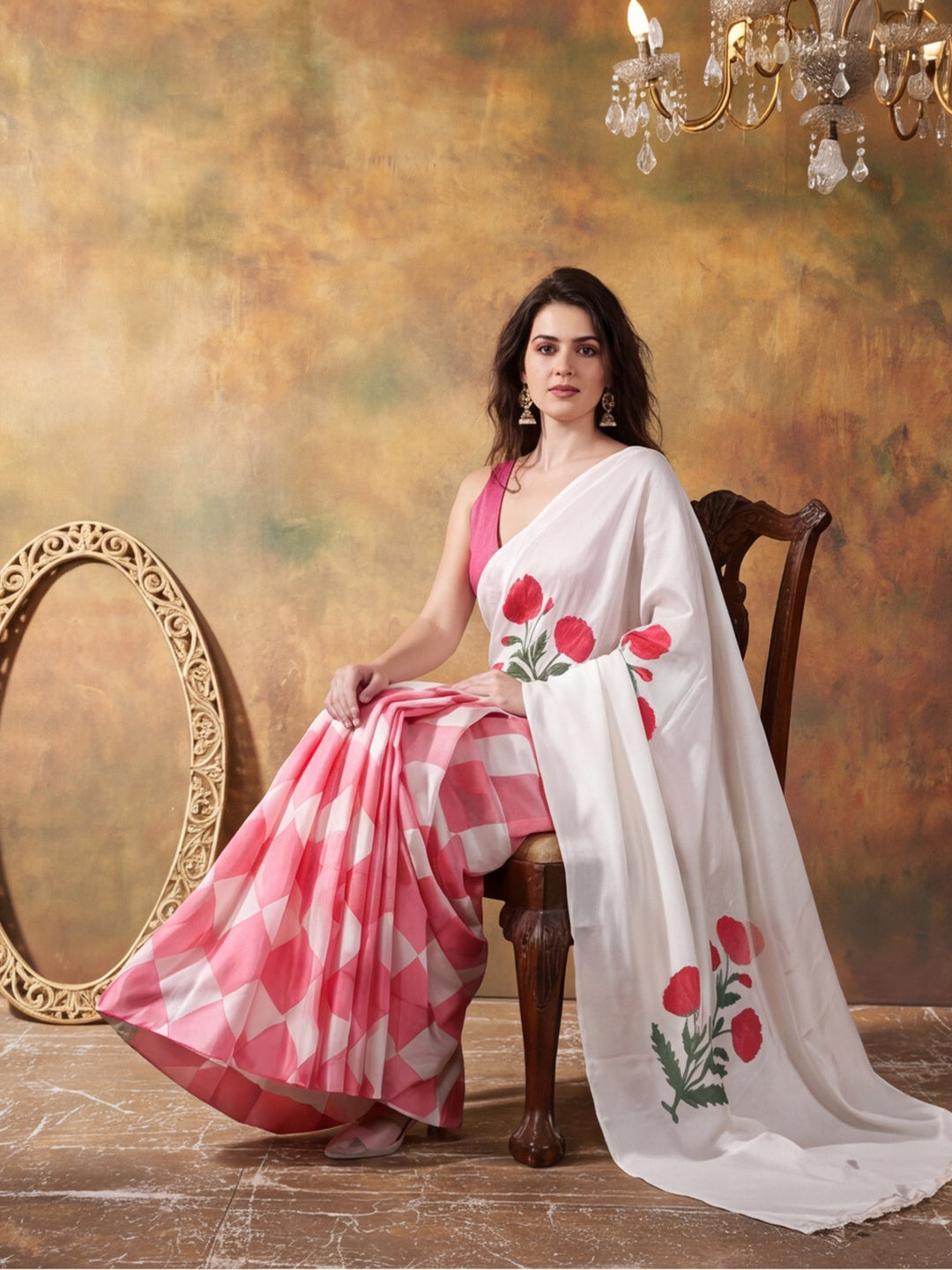 Beautiful Printed Chinon Ready To Wear Saree With Unstitched Blouse
