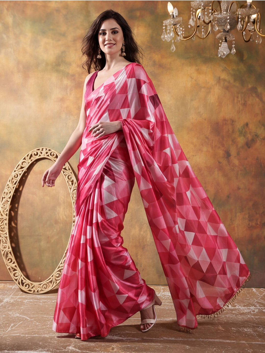 Beautiful Printed Chinon Ready To Wear Saree With Unstitched Blouse