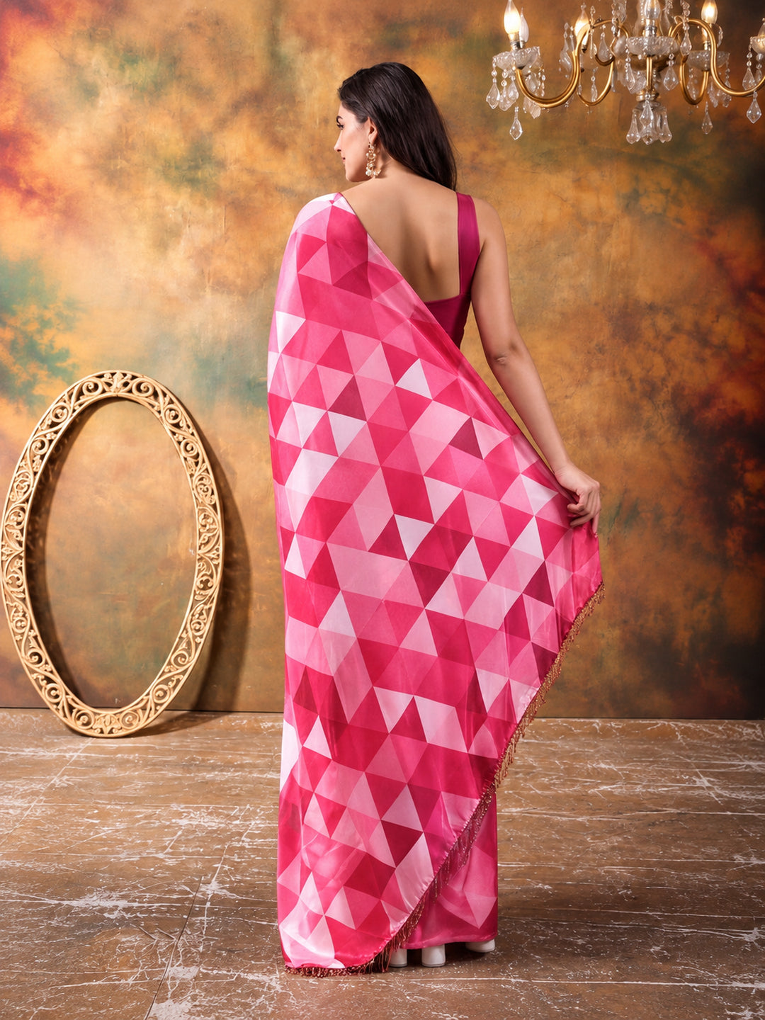 Beautiful Printed Chinon Ready To Wear Saree With Unstitched Blouse