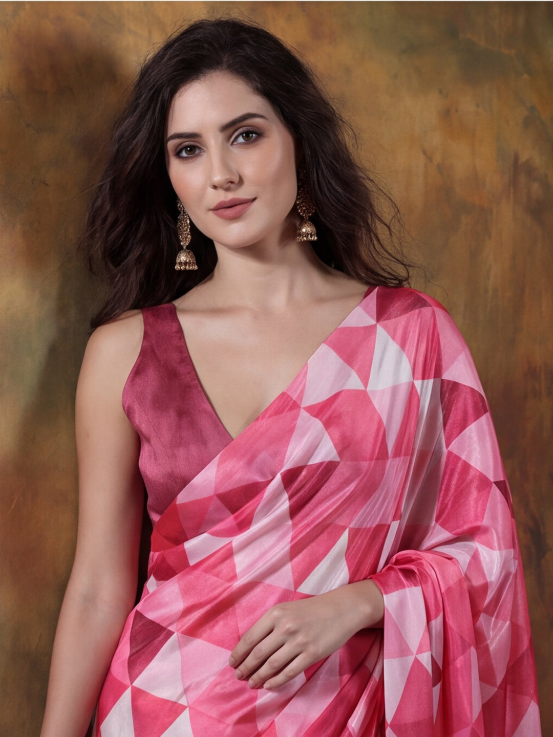 Beautiful Printed Chinon Ready To Wear Saree With Unstitched Blouse