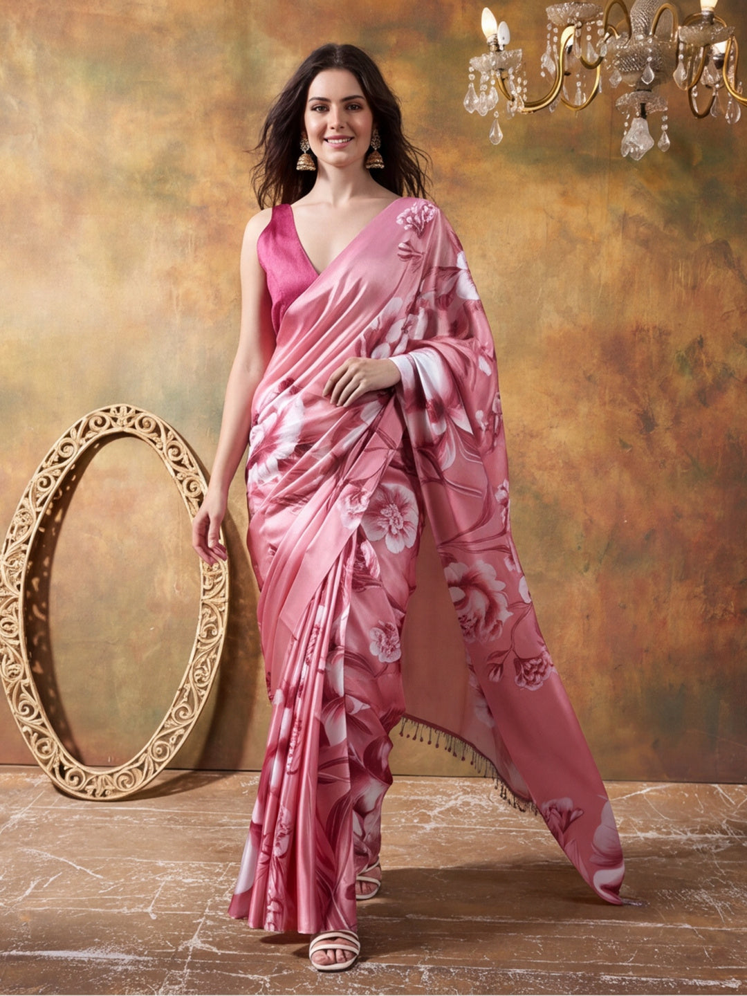 Beautiful Printed Chinon Ready To Wear Saree With Unstitched Blouse