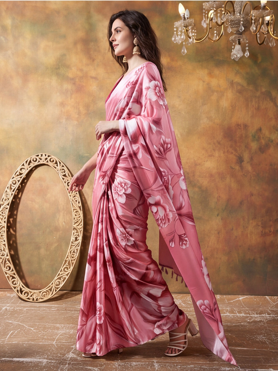 Beautiful Printed Chinon Ready To Wear Saree With Unstitched Blouse